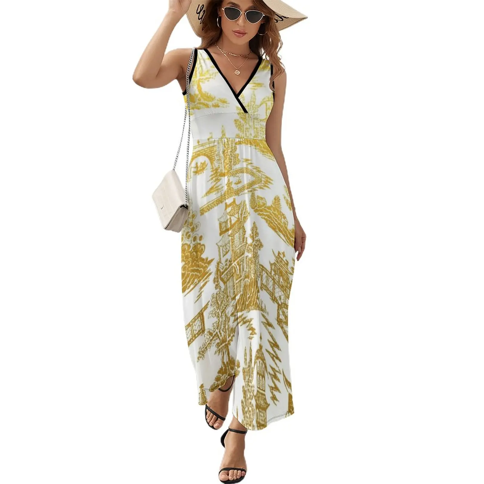 

Golden Pagoda Chinoiserie Lovers Sleeveless Dress dresses for womens birthday dresses for women Clothing female