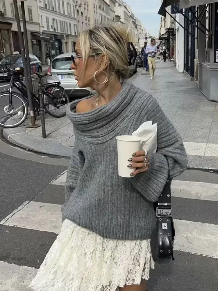 

HH Autumn Women's Cozy Knitted Tops Long Sleeves One-shoulder Off-shoulder Striped Loose Solid Vintage Pullover Chic Top