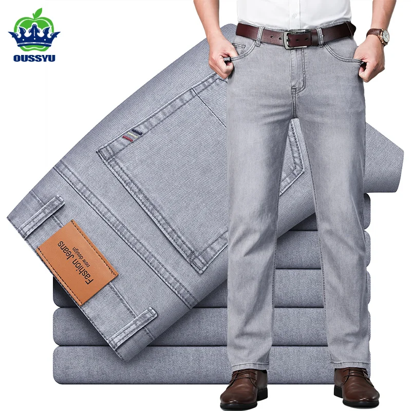 OUSSYU Brand Elastic Jeans Men's Spring Summer Thin Straight Business Casual Trousers Korean Solid Color Denim Pants Plus Size