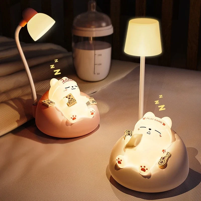 LED Table Night Light Cartoon Cute Pet Animal Bear Pig Cat Dog USB Recharge Battery Child Eye Protection Warm White Desk JJ4923