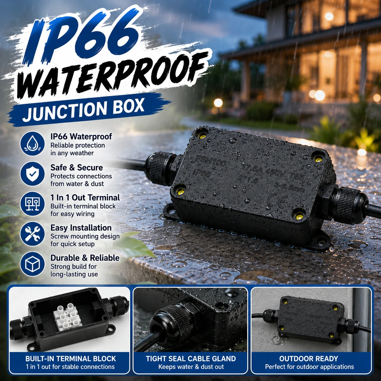 Outdoor Power Cable Junction Box - กล่องต่อสายไฟกันน้ำ IP66 สำหรับภายนอกอาคาร กล่องเชื่อมต่อสายเคเบิลแบบปิดผนึก สำหรับป้องกันสายไฟขนาด 3