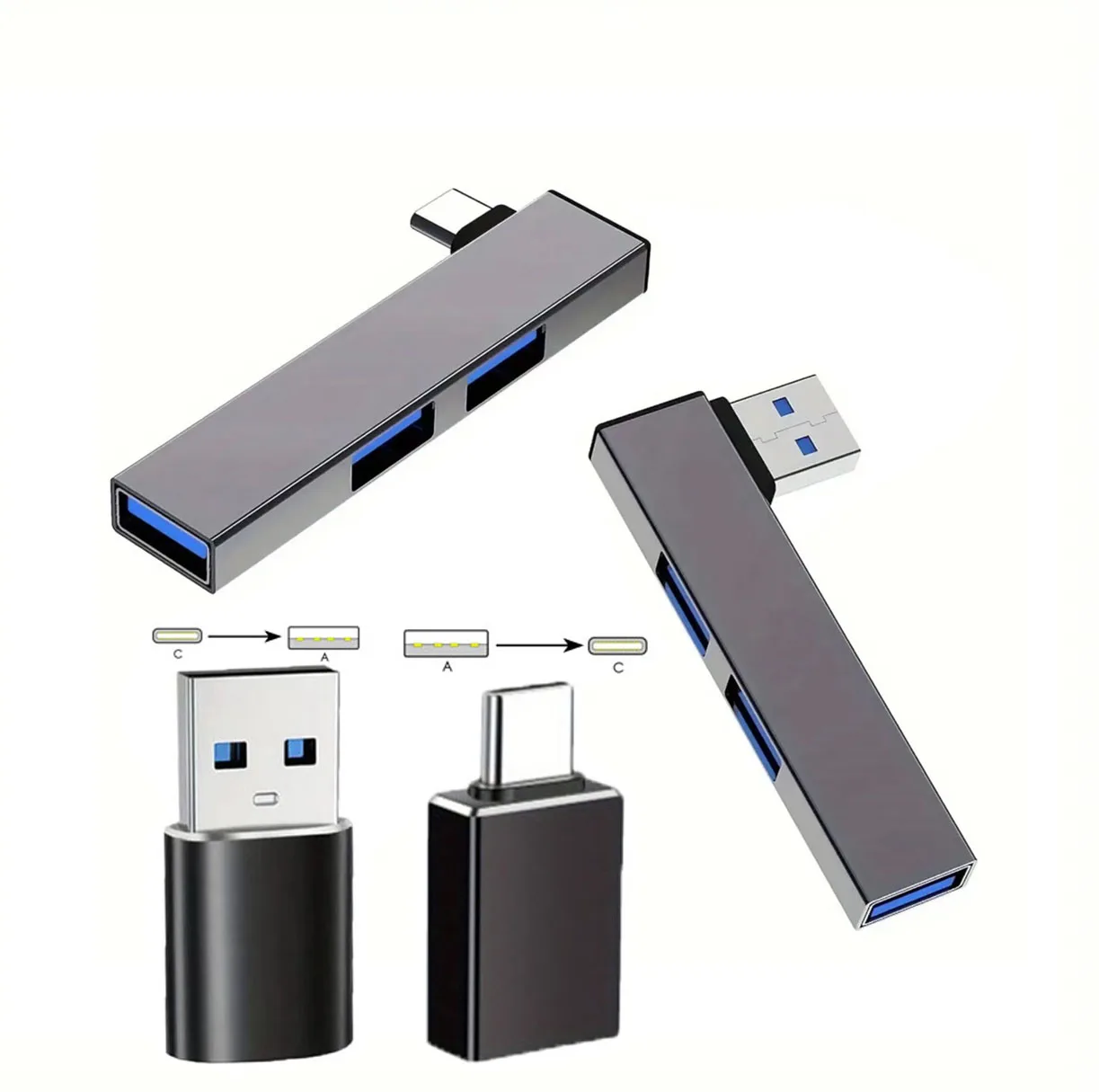 Two Type-C-compatible power converters and two triple-function docking hubs are compatible with both computers and smartphones