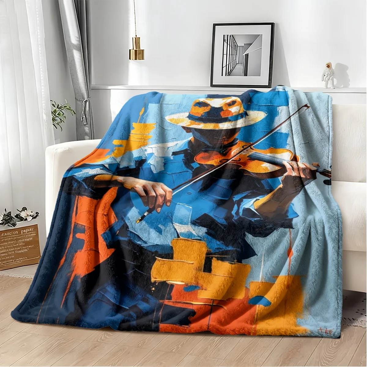 Large Bohemian Violinist Blanket Throw  Mural Artwork for Living Room Decor Jazz Music Art Large Blanket 150x230cm