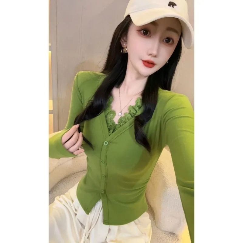 Women's V Neck Button Front Long Sleeve Top Lace Trim Slim Fit Casual Inner Wear Daily Top