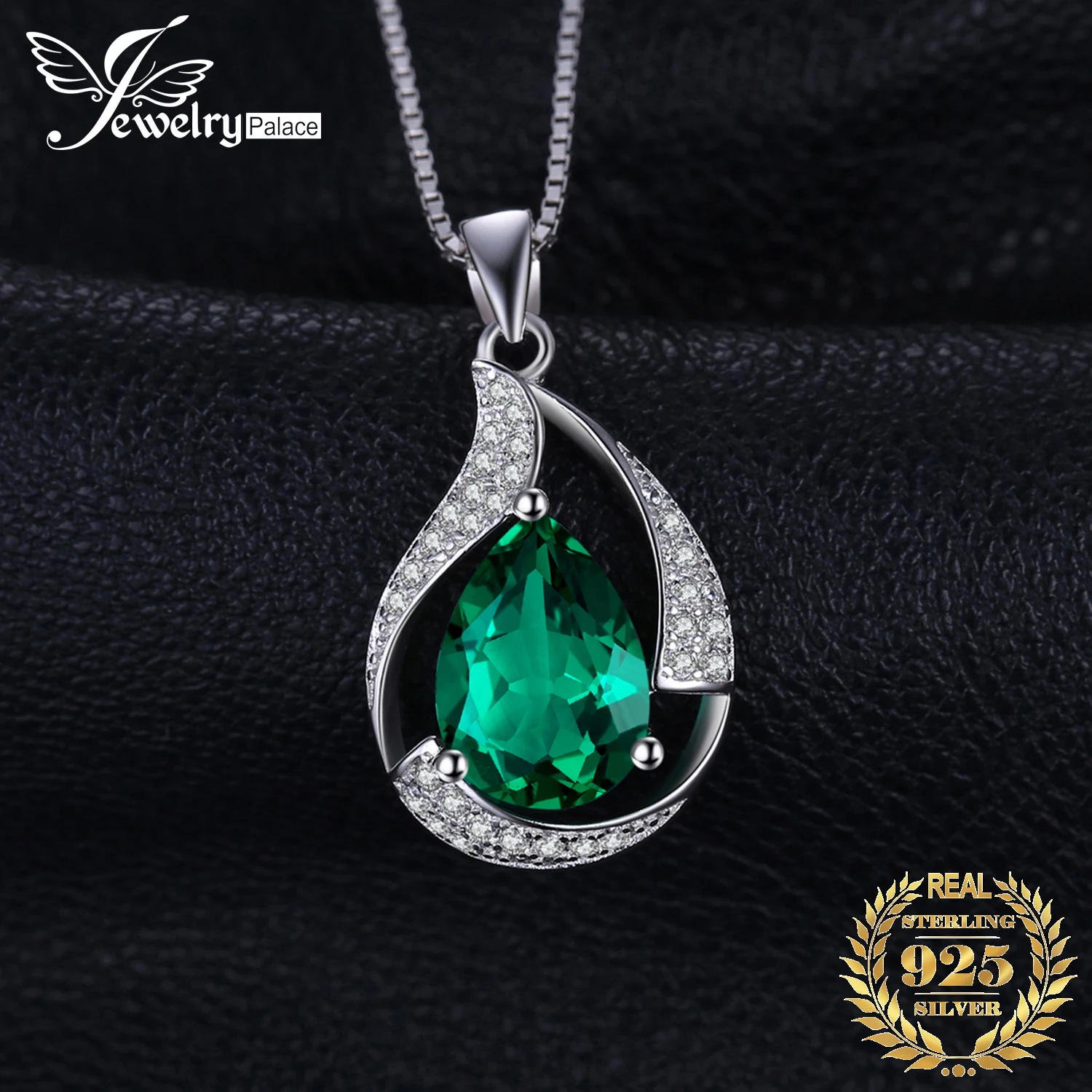 JewelryPalace 3ct Green Simulated Nano Emerald 925 Sterling Silver Pendant Necklace for Women Pear Gemstones Choker No Chain