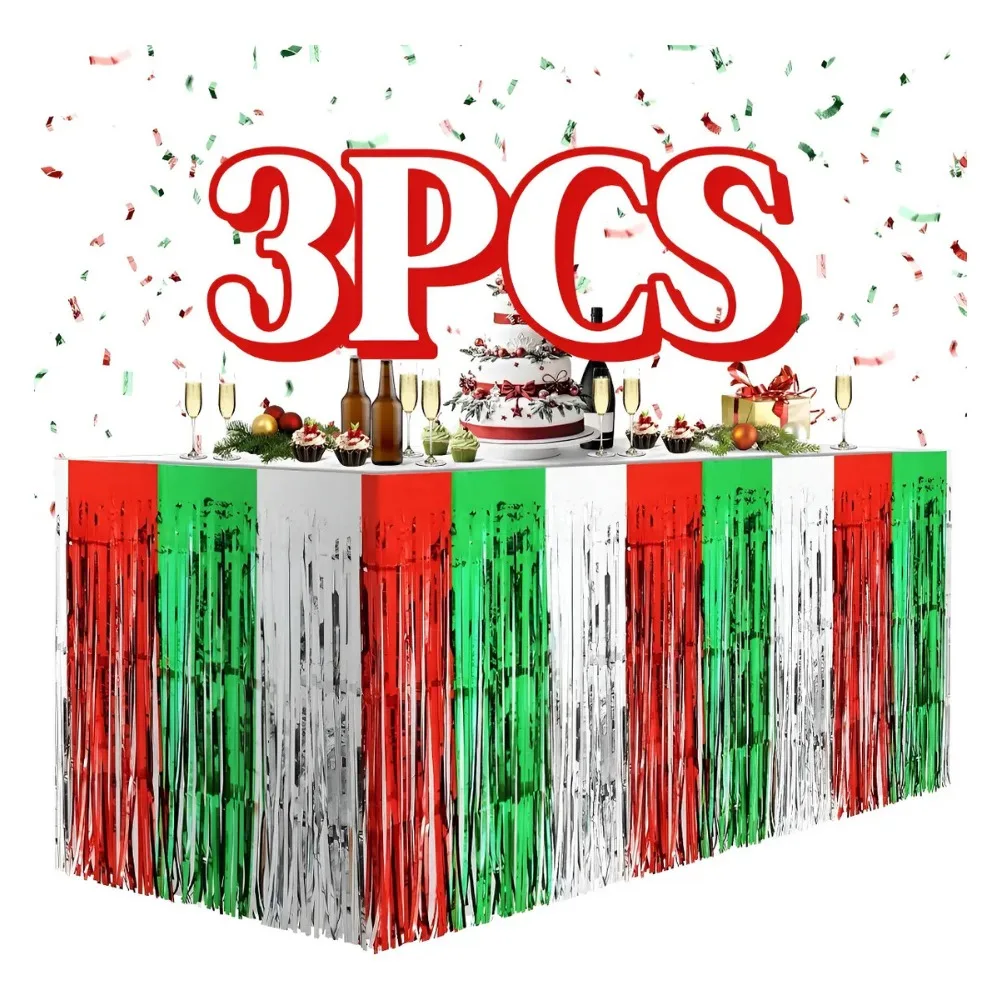 3Pcs 29×108 Inch Red Silvery Green Foil Fringe Table Skirts, Shiny Decor for Party Tables
