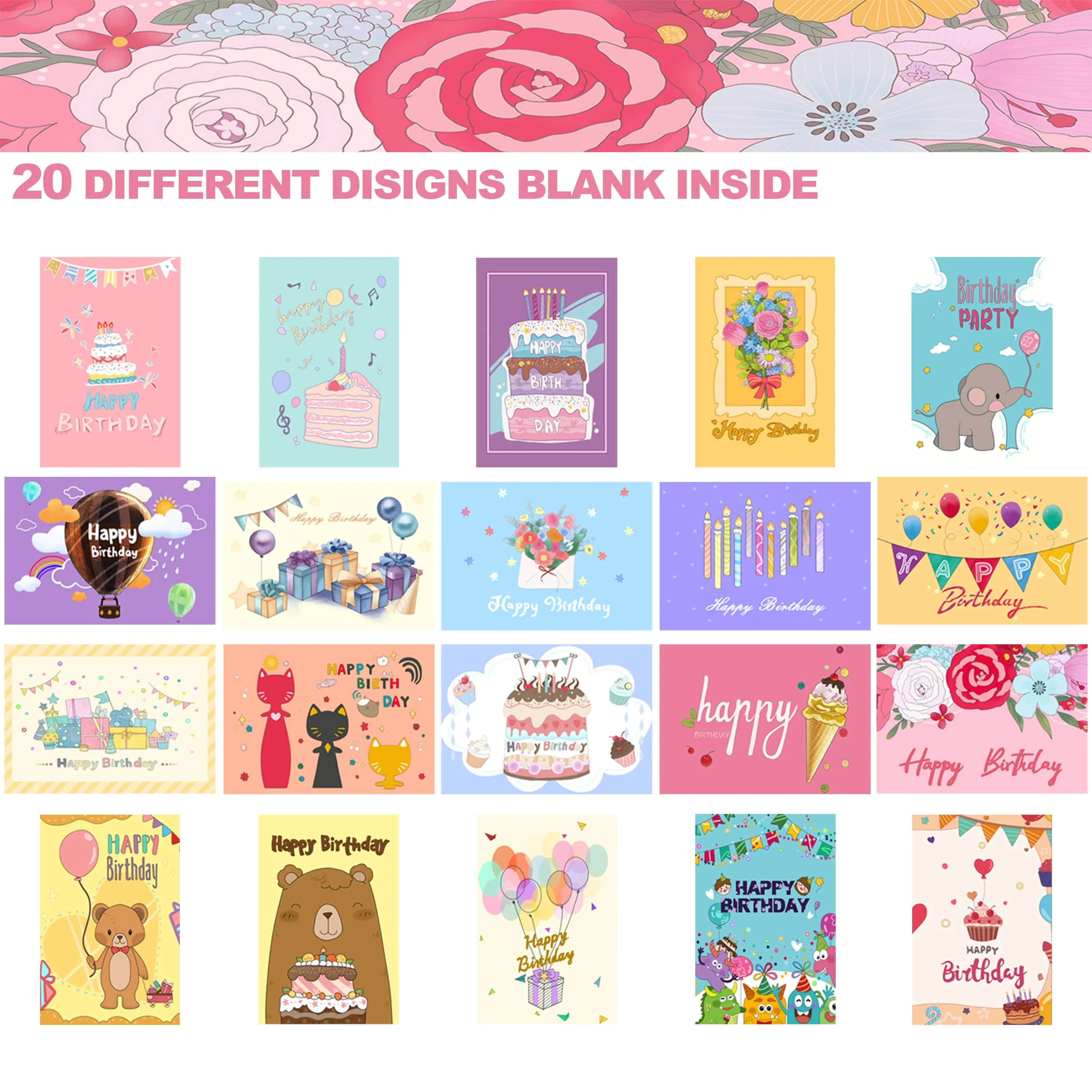 10/20 Pcs Birthday Cards Assortment with Envelopes, 20 Different Designs Funny Birthday Cards for Women Men, 8x6 inches