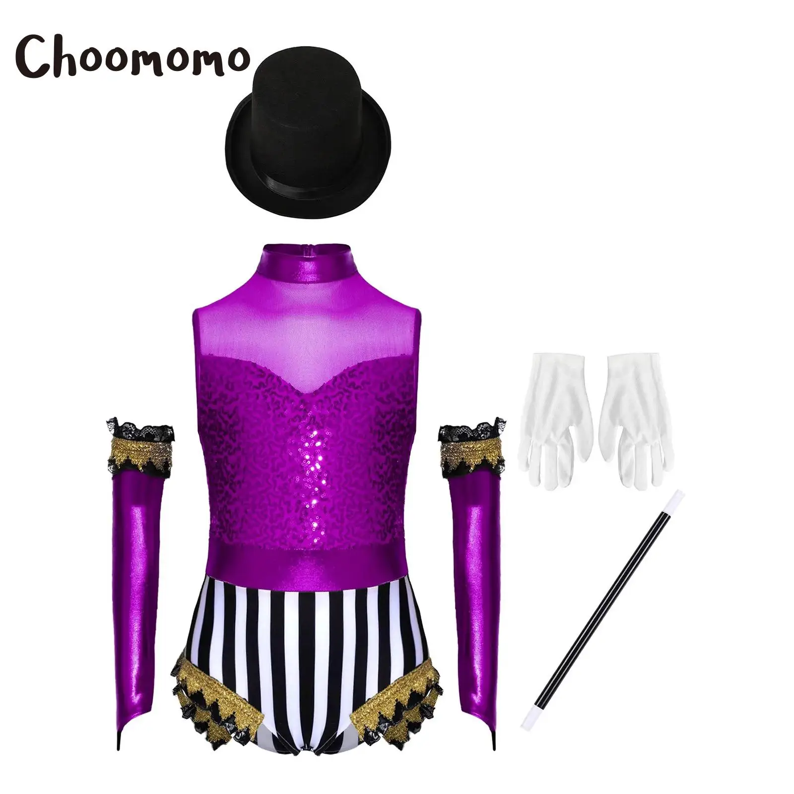 

Childrens Girls Circus Magician Cosplay Costume Halloween Cosplay Leotard Themed Party Hat Magic Wand Gloves Carnival Dress Up
