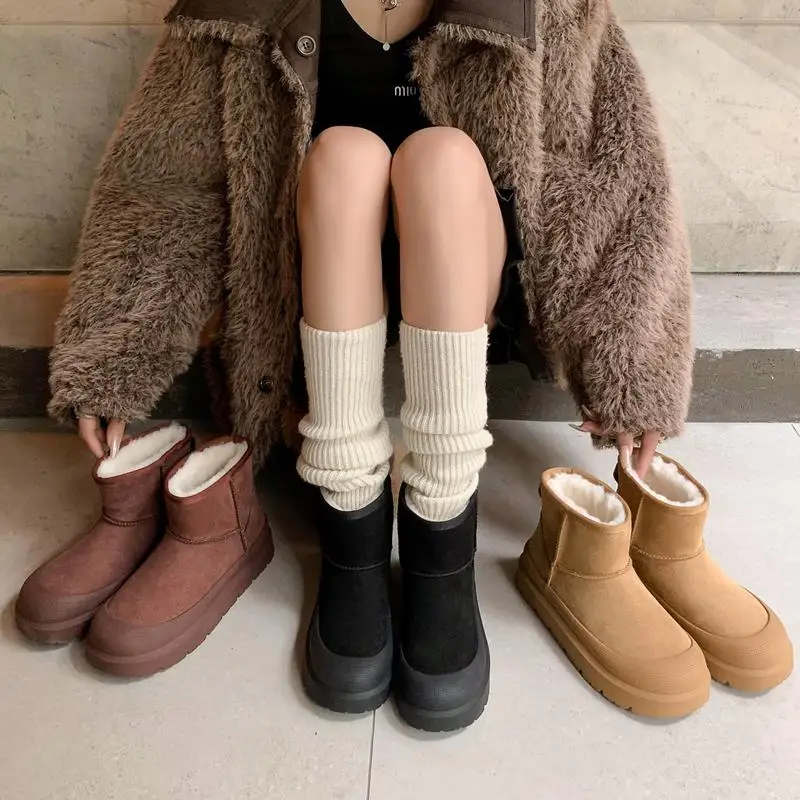 MoonMeek 2025 NEW Brand Cow Suede Snow Boots Women Pull On Wool Blend Round Toe Platform Shoes Thick Fur Warm Winter Ankle Boots