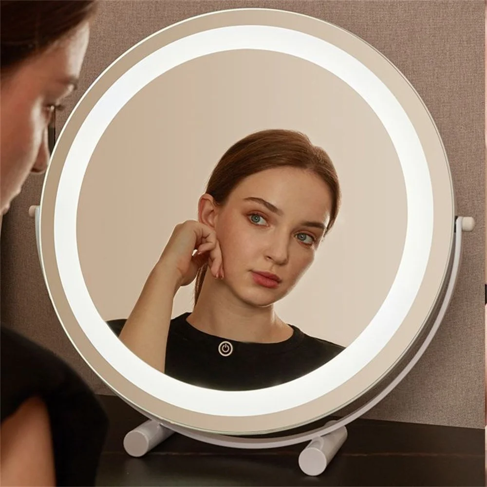 

Led Mirror With Light Vanity Charger Can Rotate Large Area Makeup Mirror Bedroom Countertop Round Omnidirectional Makeup Mirror