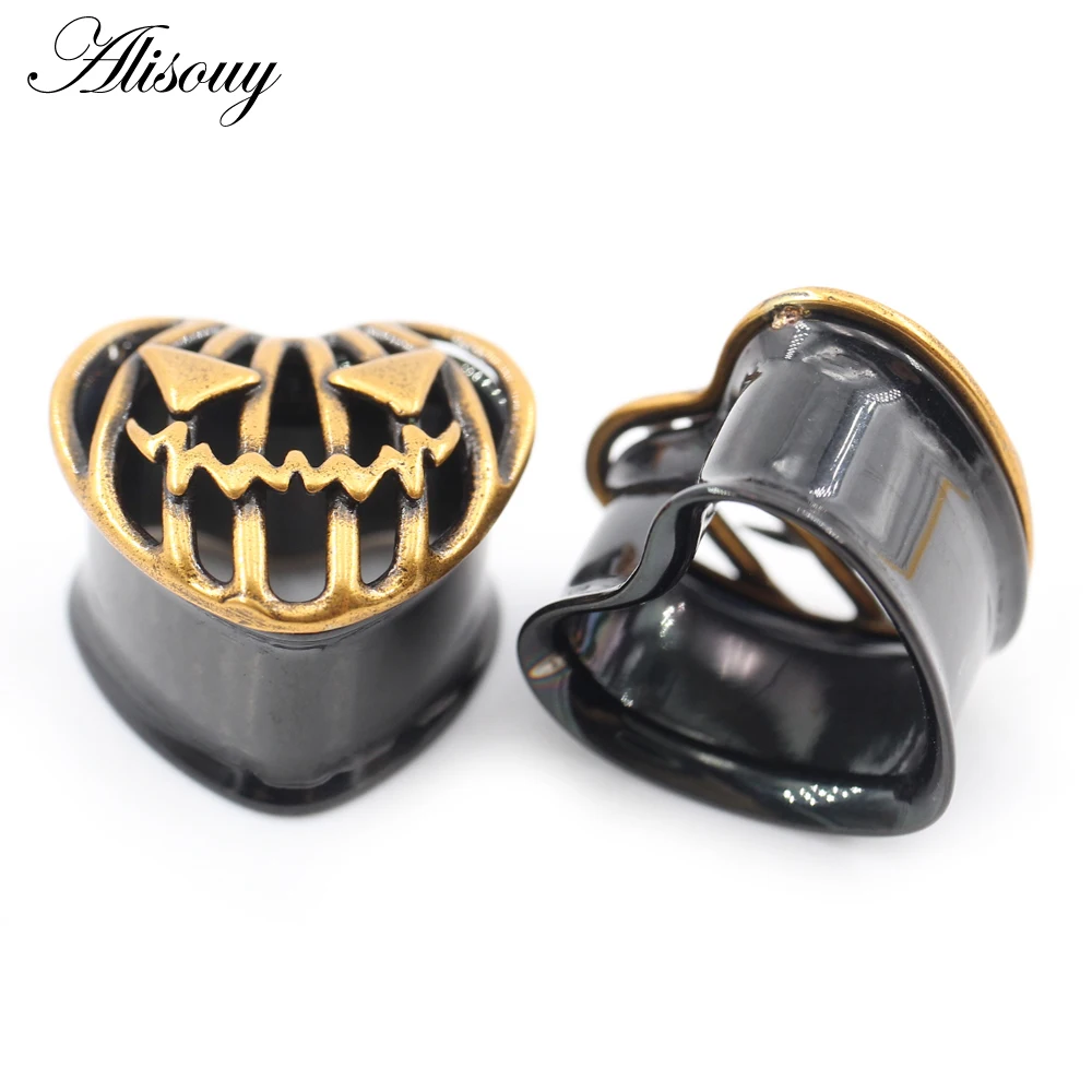 Alisouy 2PCS Stainless Steel Halloween Pumpkin Mask Heart Ear Tunnels Plugs Expander Stretcher Gauges Earrings Piercing Jewelry