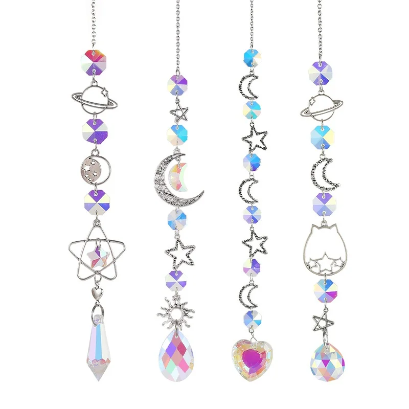 K9 Crystal Rainbow Suncatcher with Love Heart & Moon Design – Dream Catcher Wind Chime Pendant for Home Garden Sunlight Decor