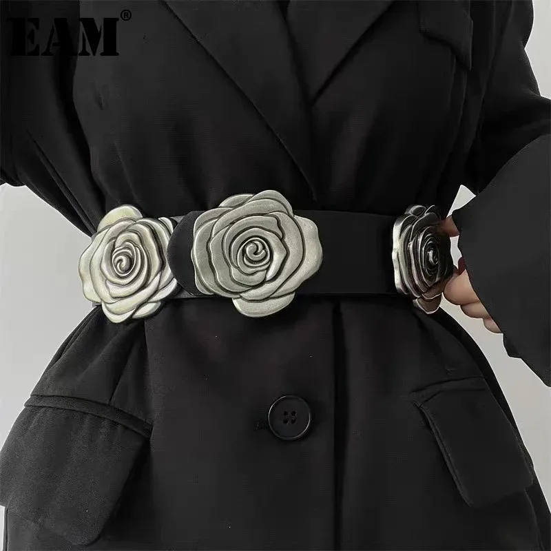 EAM Black Metal Rose Vintage Wide Pu Leather Belt Personality Women New Fashion Tide All-match Spring Autumn 2025 31A2731