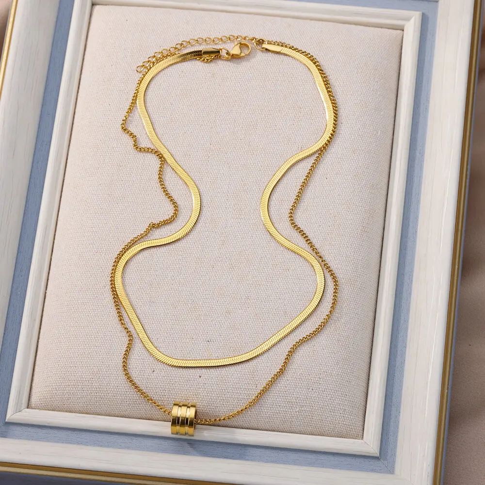 Stainless Steel Double Layer Thick Round Pendant Necklace For Woman  Fashion Sweater Chain Christmas Jewelry Gift Dropshipping
