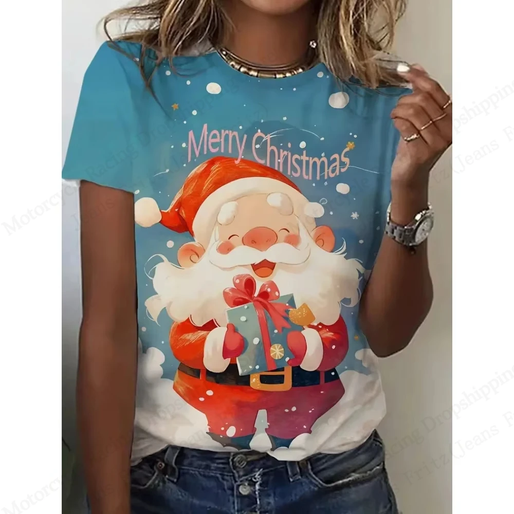 Funny Santa Claus Christmas 3D Print T-shirt Women Fashion Casual Oversized Short Sleeve Tshirt Snowman Tops Tees Lady Clothes