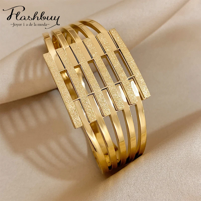 Flashbuy Stainless Steel Gold Color Chunky Geometric Wide Bangles Bracelet For Women New High Quality 18K Gold Plate Jewelry