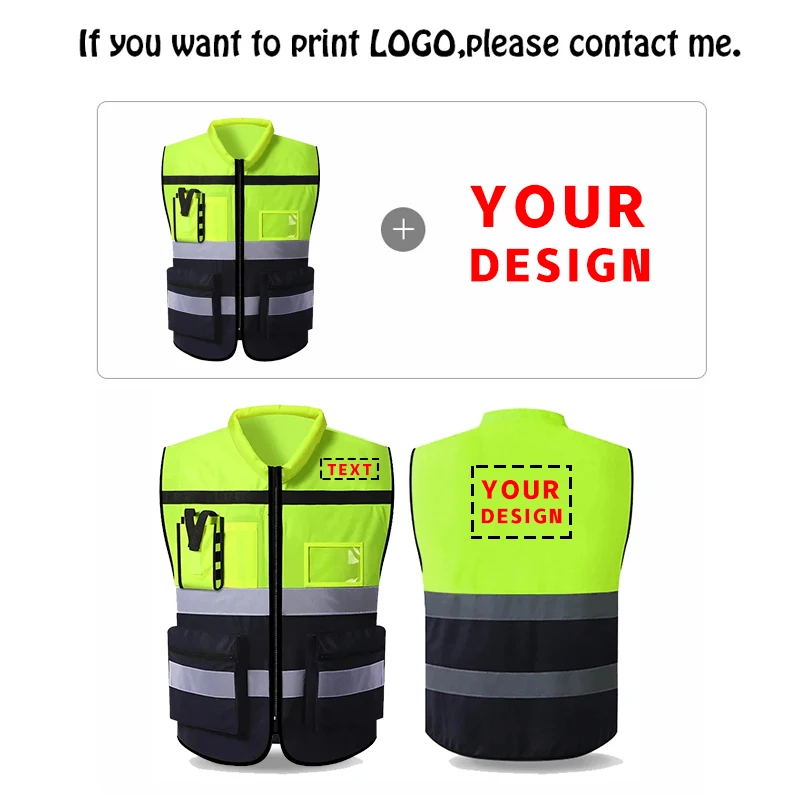 Gilet di sicurezza riflettente con LOGO personalizzato per gilet da lavoro da uomo con tasche e gilet da lavoro bicolore con costruzione di sicurezza con cerniera