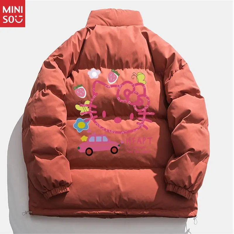 سترة منتفخة من Miniso Hello Kitty، معطف شتوي بياقة واقفة مع سحاب