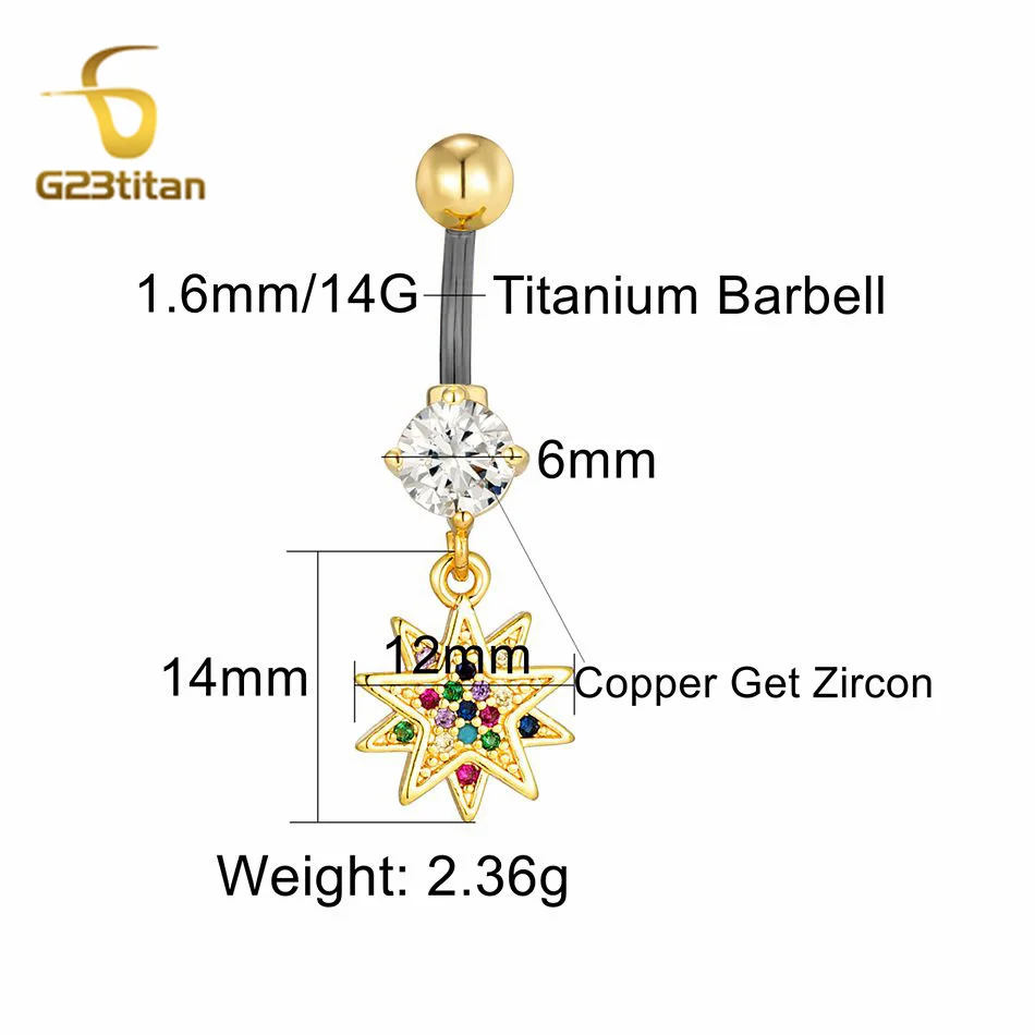 14G المضادة للحساسية التيتانيوم الفني ثمانية عون ستار البطن خاتم على شكل زر ملون الزركون السرة ثقب الحدائد الذهبي العربية مجوهرات
