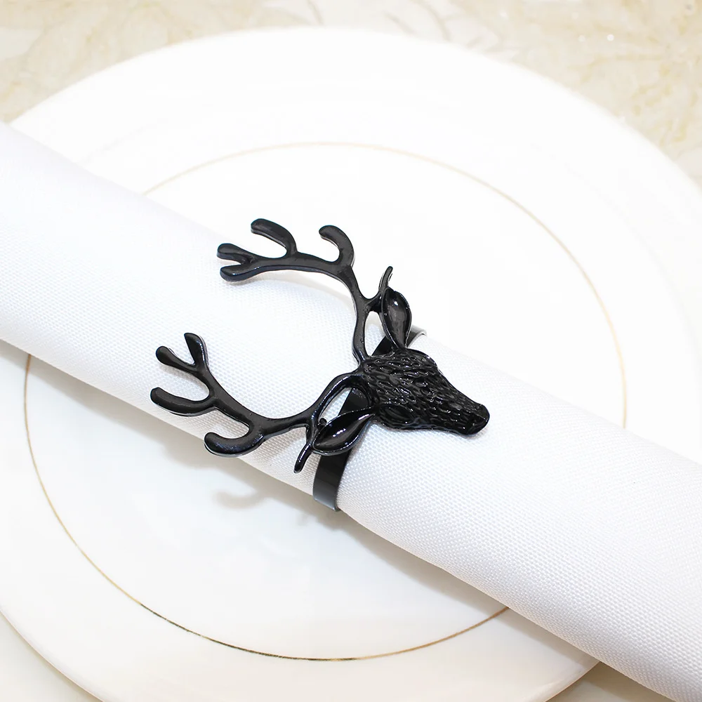 6Pcs Black Deer Head Napkin Rings Christmas Napkin Ring Holders Reindeer Napkin Buckle for Halloween Dinners Party Wedding Table