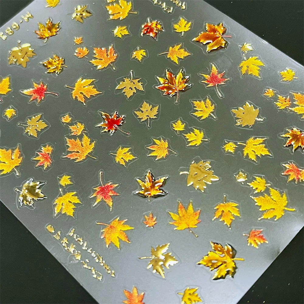 1pc 5D Jelly Autumn Maple Leaf Story Nail Art Stickers Relief Shiny Golden Maple Nail Decals Gorgeous Ornament Manicure Supplier
