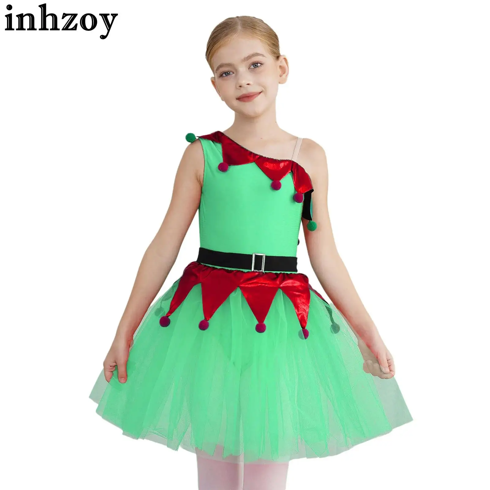 Kids Girls Elf Christmas Xmas Holiday Party Costume Ballet Gymnastics Skating Dress Sleeveless Pom Poms Leotard Tutu Dancewear