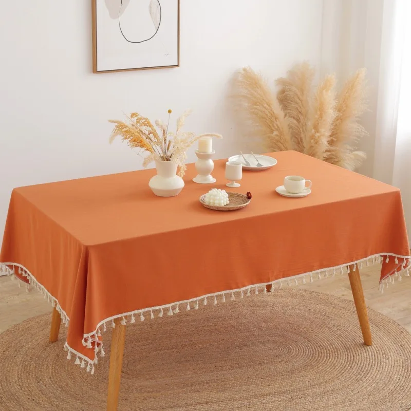 Easter Pure Color Tassels Cotton Tablecloth Washed Cotton Red Green Christmas Table Cover for Home Party Dining table Decora