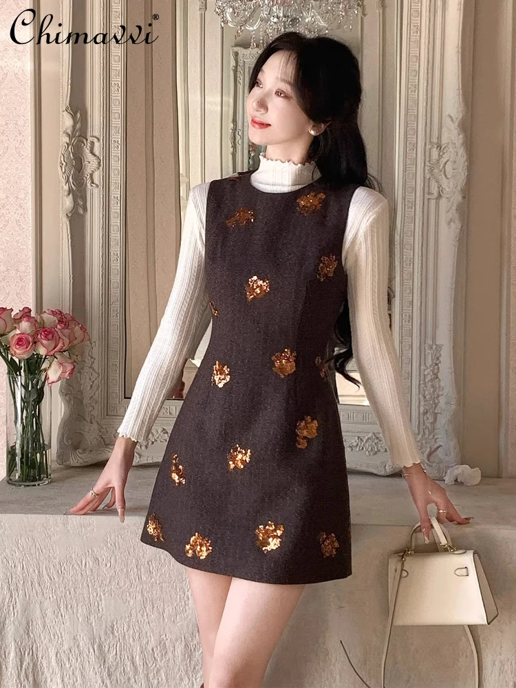 

Французское элегантное модное платье-майка с круглым вырезом, без рукавов, с пайетками и цветочным узором, с завышенной талией, облегающее, универсальное, короткое, для женщин