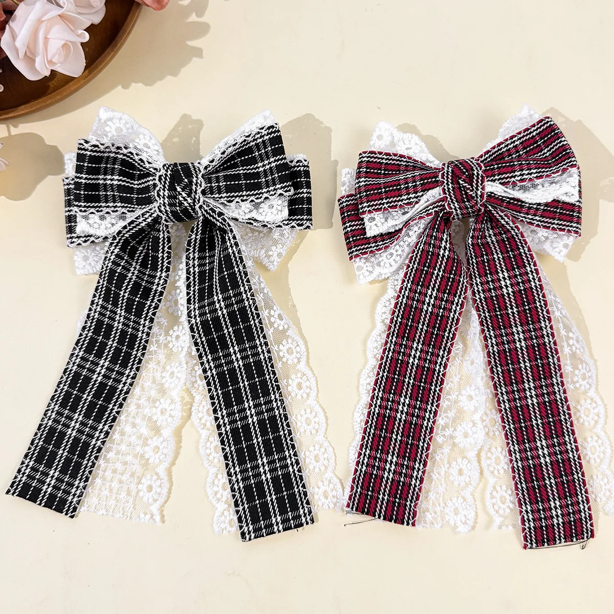 20pc Plaid Cloth Hairpins Luxury Lace Embroidery Ruffled Bow Hair Clips Elegant Tassel Hair Jewelry Headwear for Girls And Women