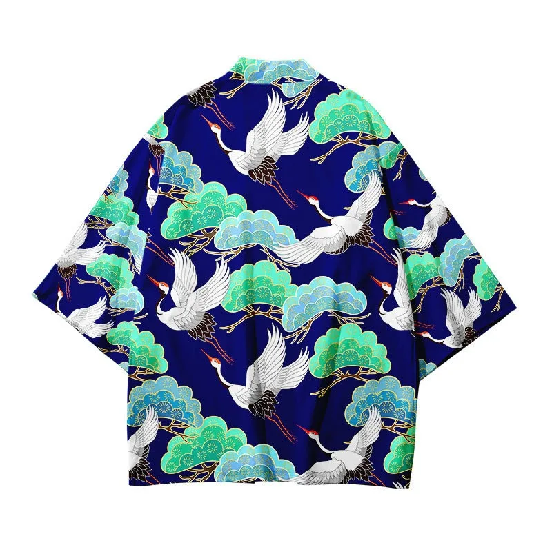 Summer Crane Print Kimono Unisex Fashion Hawaiian Shirt Fashion Trendy Tops Yukata Bathrobe Loose Kimono Elegant Outwear