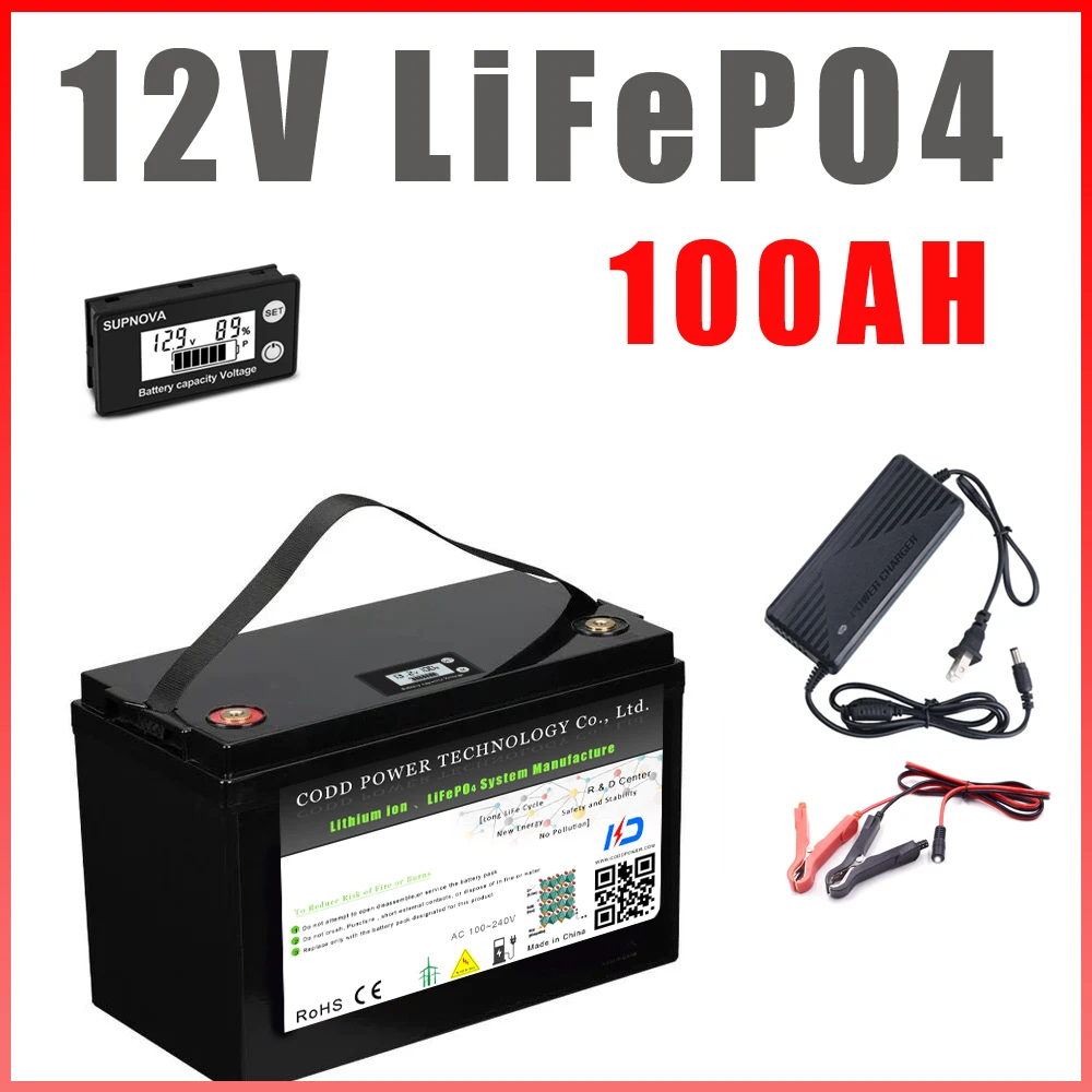 12V 12.8V 100AH LiFePO4 Battery 100A BMS 14.6V 10A Charger