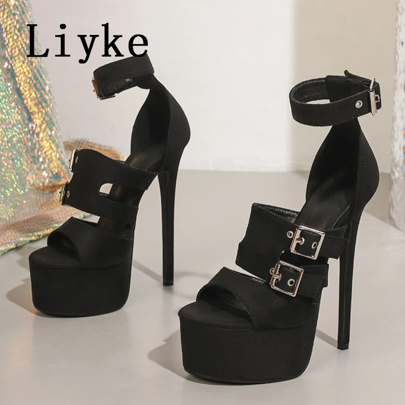 Liyke Summer Black High Heels Sexy 17CM Sandals Women Thick Bottom Open Toe Stiletto Platform Shoes Woman Sandalias De Mujer