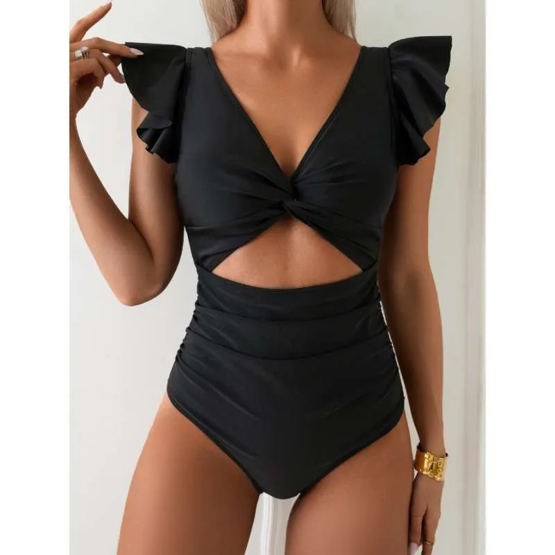 

Woman 2025 Bikini V Neck Ruffle Backless High Waist Bikinis Solid Black Cut Out Waist Twist Front Swimsuit Open Back Ruched