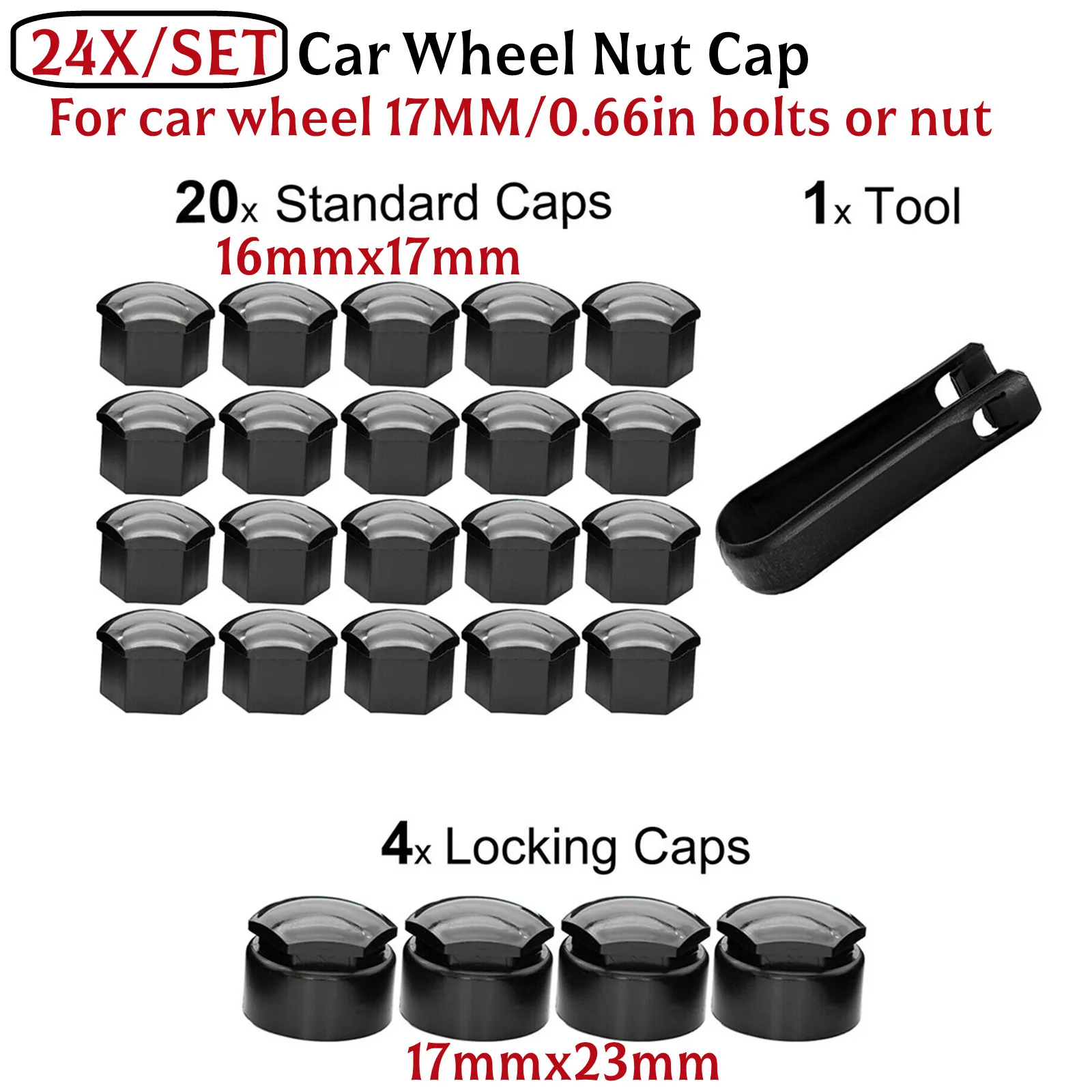 

24pcs/set 17MM Black Car Wheel Nut Bolt Trims Studs Cover Cap For Opel For BMW 17mm Standard Cap+ 23mm Locking Cap Accessories
