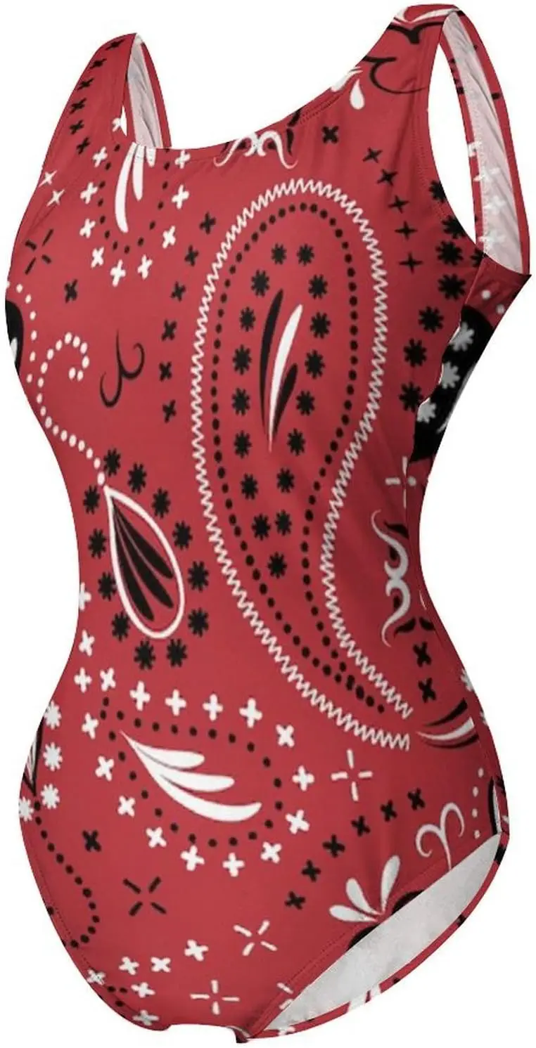 ملابس سباحة نسائية من قطعة واحدة من Luxy Trio باللونين الأحمر والأسود بيزلي، ملابس سباحة للتدريب الرياضي