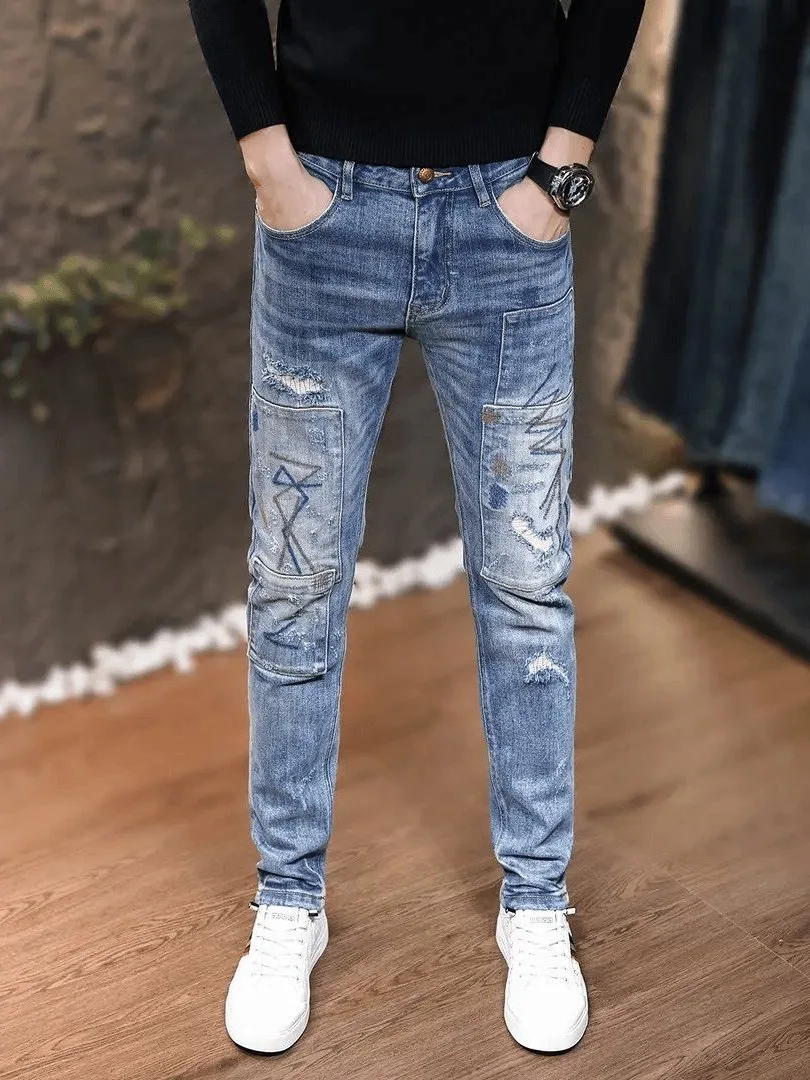

Trendy Brand Sewn Jeans Men's Patch Embroidered Slim Fit Straight Leg Pants Heavy Embroidery Hip Hop Personality Elastic Long...