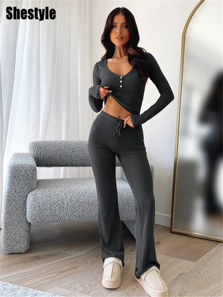 Shestyle Casual Solid Women Two Piece Sets Sporting V Neck Drawstring Waist Pant and T-Shirt Autumn 2024 Simple New Arrivals