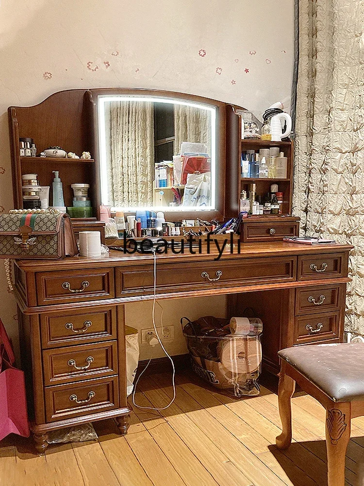 

All solid wood custom with lamp American country retro log makeup table with lamp storage dresser