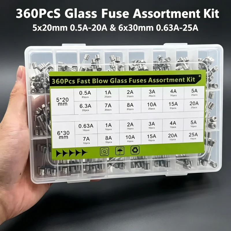 360Pcs/Box  5x20mm6x30mm Fast Glass Fuse Kit  0.63A-25A 0.5A-20A Insurance Tube Package Electronic Safety Fuses SetGlass Fuse As