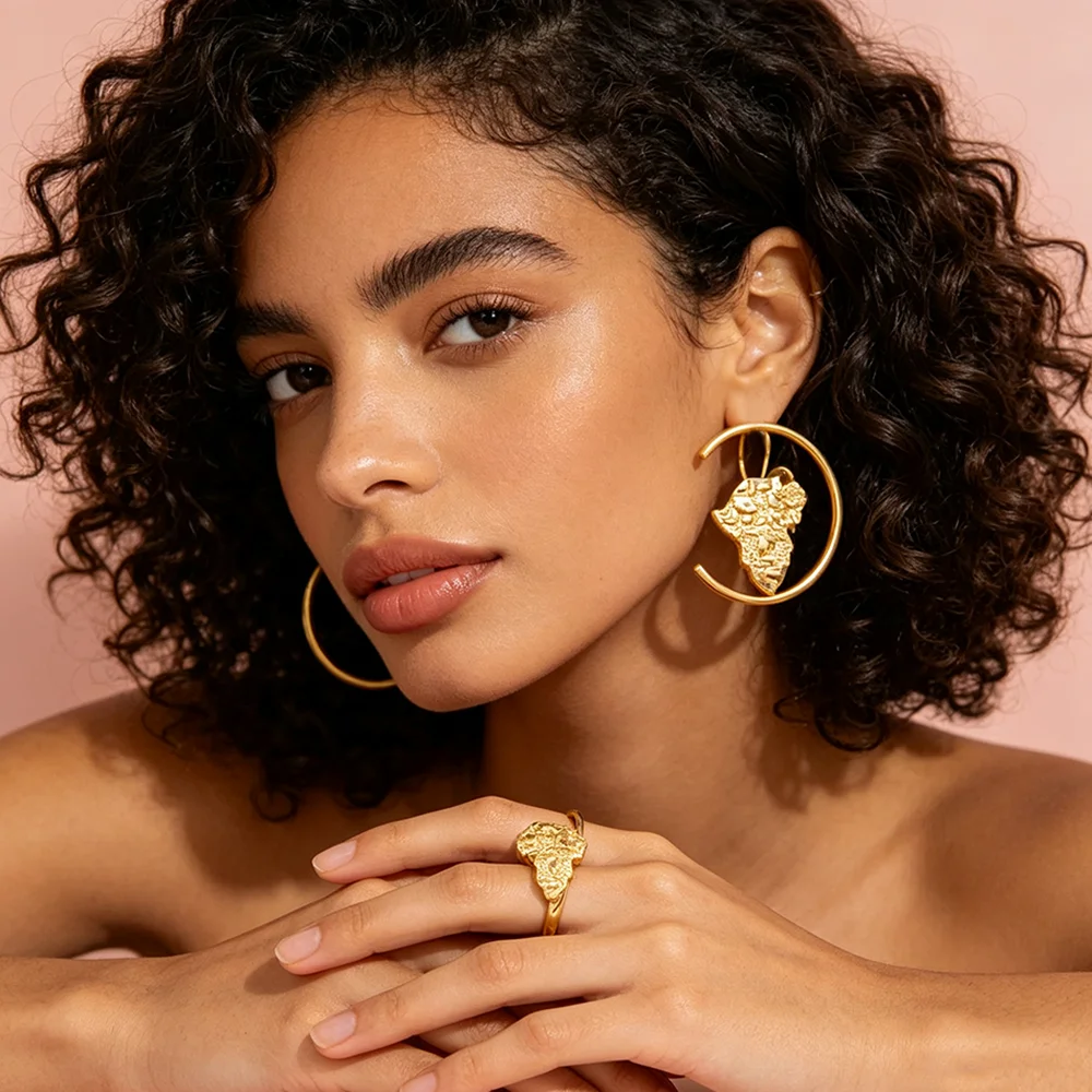 18K Gold Plated Open C Hoop Earring & Ring Set