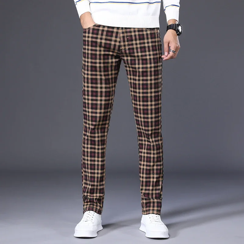 High Quality Spring Autumn Men\'s Plaid Casual Pants 98% Cotton Stretch Classic Slim Fit Trousers Male Large Size 40 42 6 Pattern