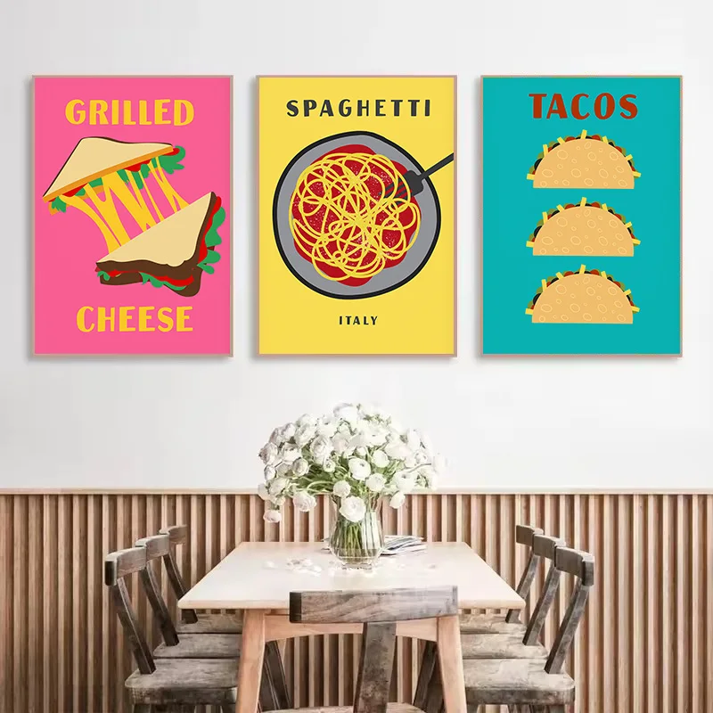 Trendy Preppy Classic Food Pizza Tacos Ramen Pasta Retro Abstract Poster Canvas Painting Wall Art Pictures Home Interior Decor