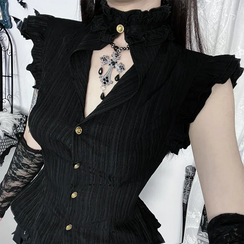 IMU 90s Grunge Single Breasted Slim Wasit Shirt Blouses Women Alt Teachwear Mall Gothic Stringy Selvedge Sleeveless Shirts