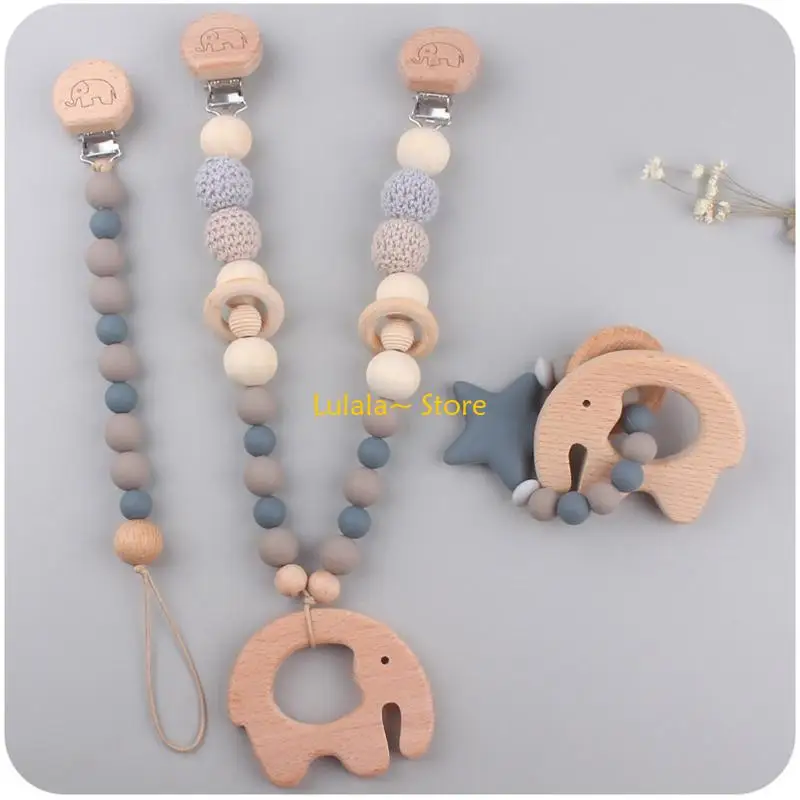 Y4QA 3 Pcs/Set Baby Stroller Pendants Pacifier Chain Pram Clip with Silicone Beads