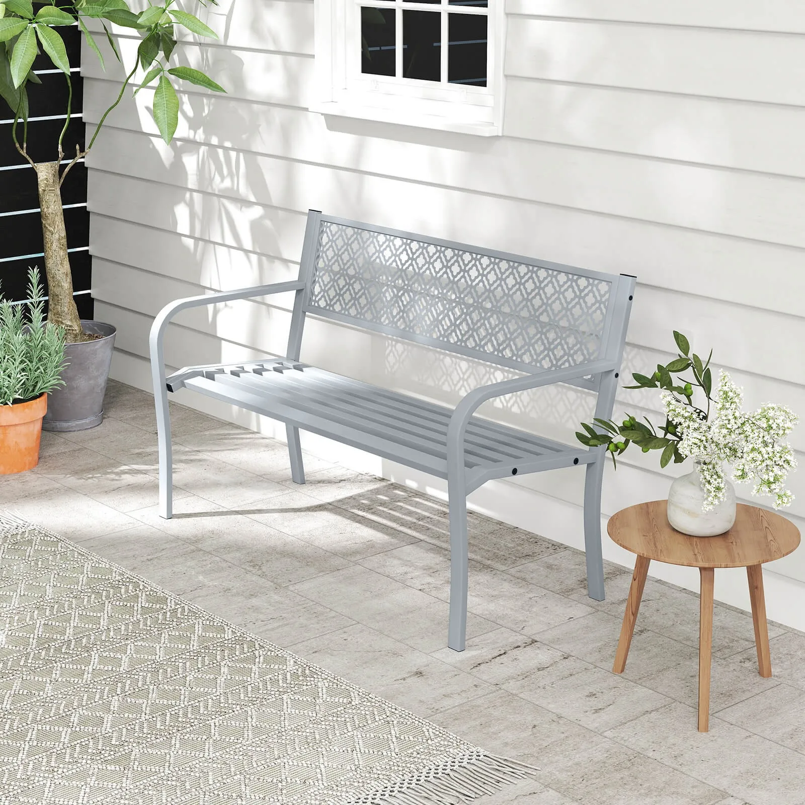 

50" Outdoor Garden Bench w/Geometric Lattice Backrest Armrests and Slatted Seat