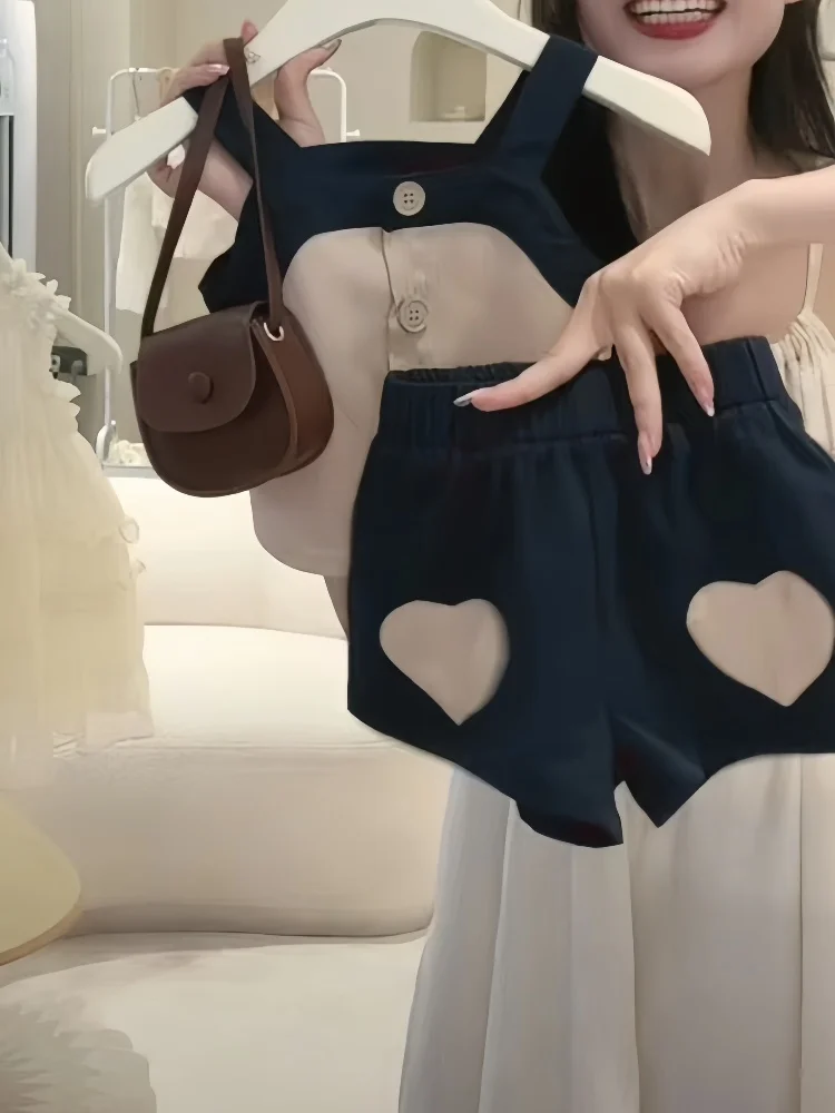 Ensemble d'été pour filles, bretelles de couleur kaki, motif cœur, costume deux pièces Cool, tenue en mélange de coton lavable et confortable pour bébé