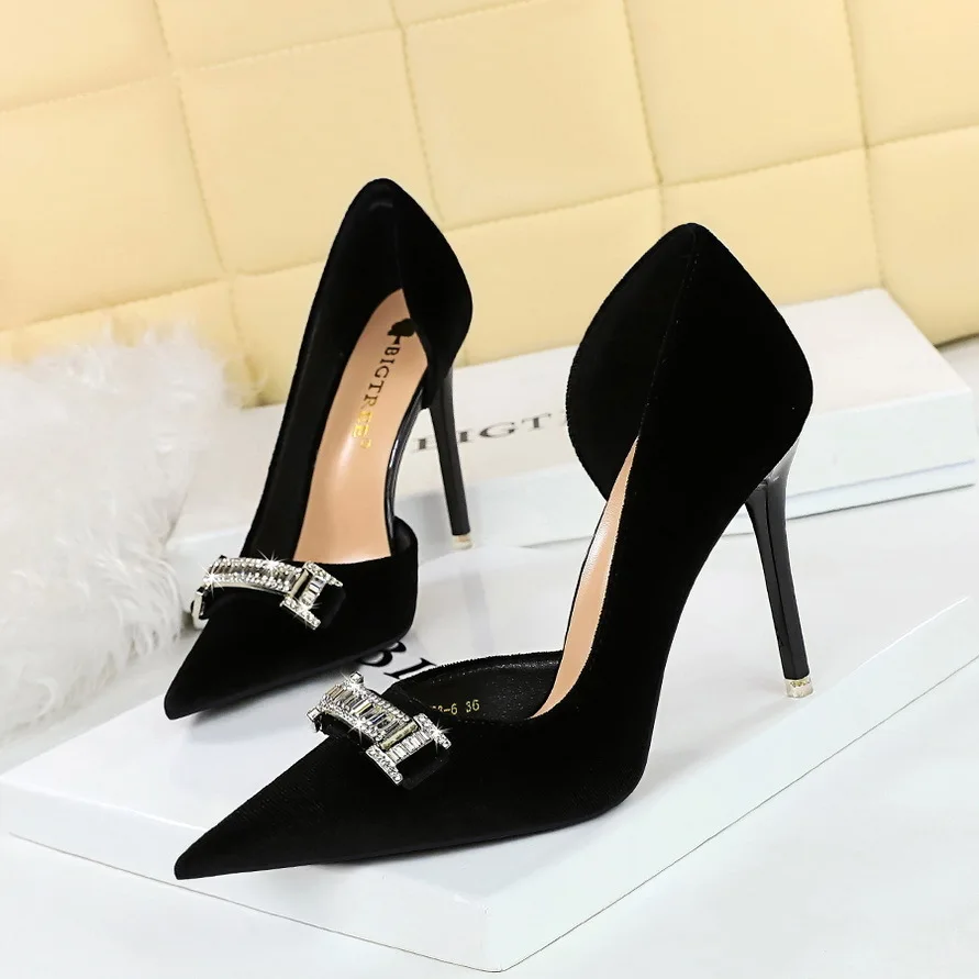 

New Wind High Thin Heel Women's Shoes Thickened Suede Surface Shallow Mouth Pointed Side Hollow Water Diamond Buckle Women Pumps