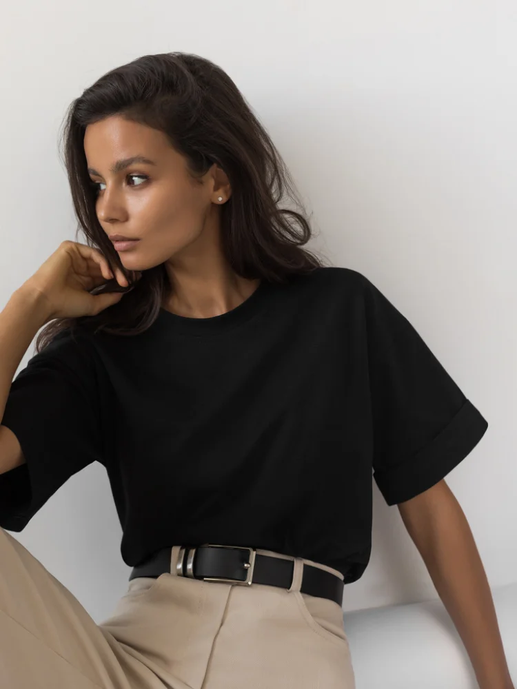 Bornladies 2025 Damen Sommer 100% Baumwolle T-Shirt Basic Modisches Einfarbiges Kurzarm-Oberteil für Damen – Detail 14