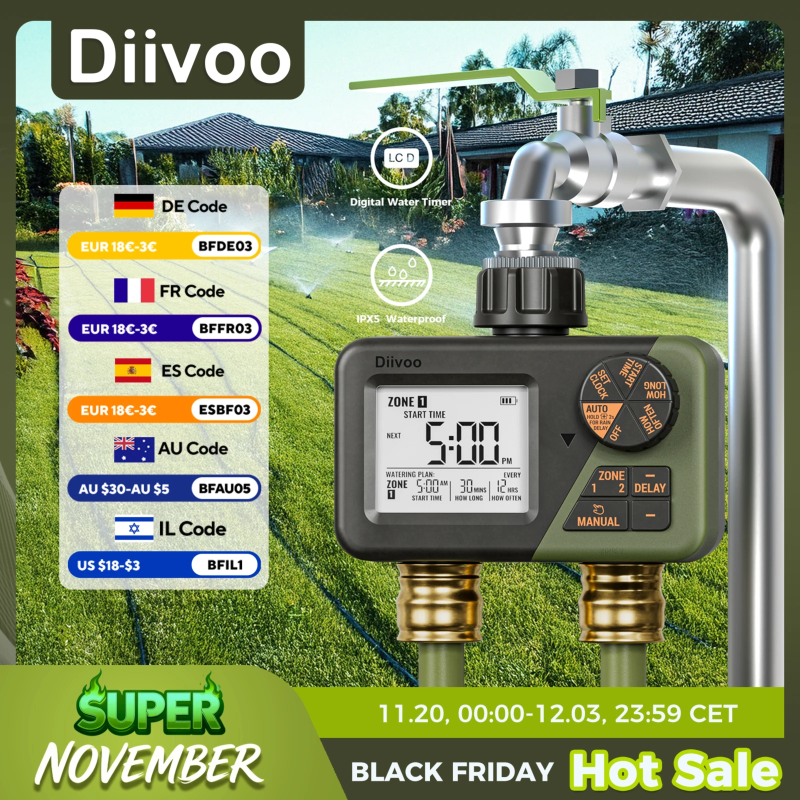 

Diivoo Garden Water Timer 2 Outlets IPX5 Waterproof Multi-Functional Automatic Irrigation Timer with Rain Delay/Manual/Auto Mode