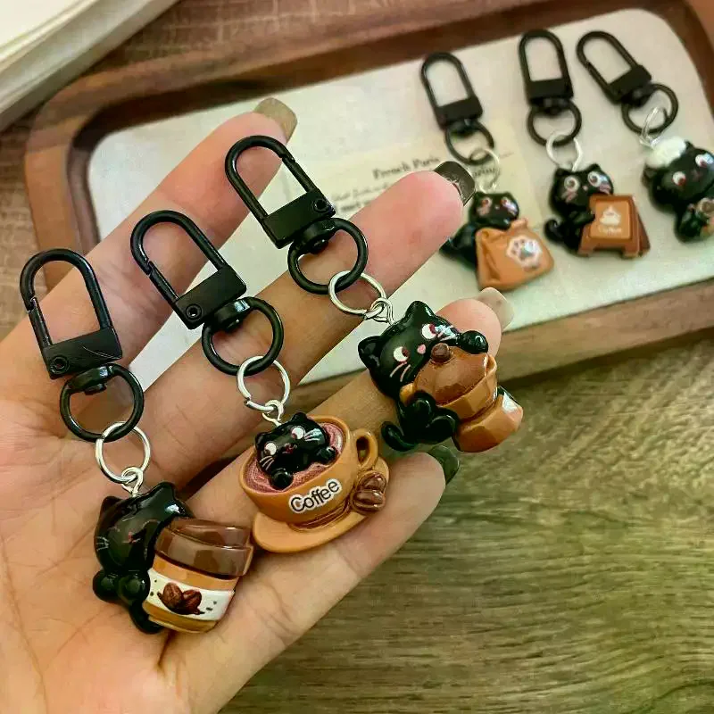 Black Cat Keychain Set for Women Cartoon Cute Design Chocolate Coffee Bag Pendant School Bag Purse Decoration Gift